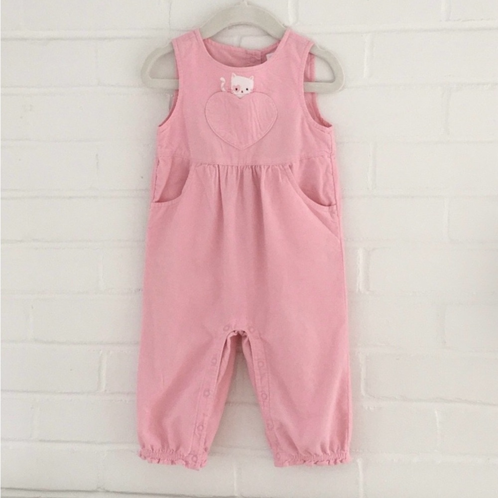 Classic Vintage Pink Corduroy Cat Theme Overalls With Pockets Size 12-18 Months